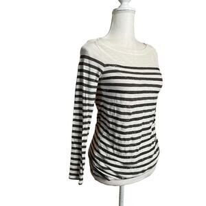 Ann Taylor LOFT Boat neck embellished blouse Sz Small Striped Ivory Long Sleeve